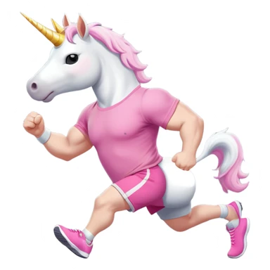 friendly anthropomorphised male white unicorn with a fit, chunky, muscular and strong physique, arms and legs matching the white of the head, in grey shorts and pink t-shirt, wearing dark sunglasses, jogging upright in a standard pose sticker