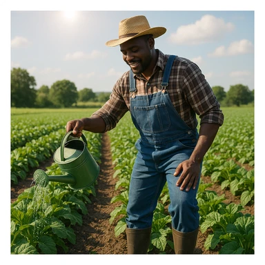 Black man farmer, watering crops, wearing boots and overalls, sunny day, green field sticker