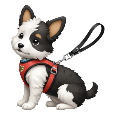 Black and white doodle puppy in side profile wearing harness and a leash sticker