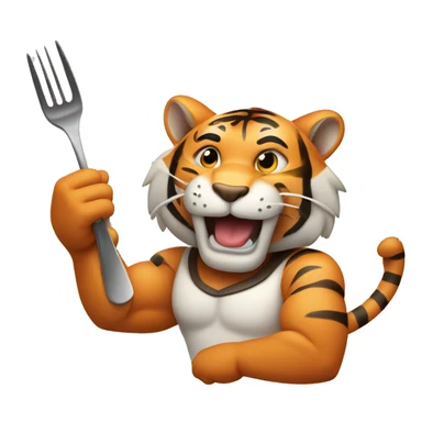 a muscular smiling tiger holding a fork with the tip of its paws that has a fillet of salmon  sticker