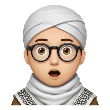 A person with light skin tone, wearing a traditional white keffiyeh with a black agal, large brown eyes, round glasses, and an open mouth showing a surprised or shocked expression. sticker