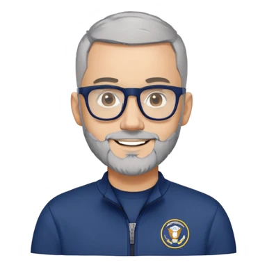 Man with light skin, extremely short black hair (military buzz cut), short peppered gray beard, large black-framed glasses, smiling face, navy blue zip-front sweatshirt with long sleeves sticker