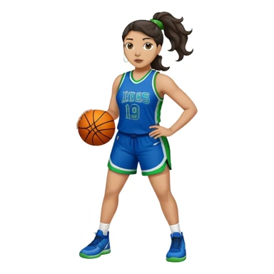 full body plus size light skin  latino women basketball player with wavy dark hair in pony tail wide nose wearing blue uniform with green accent sticker