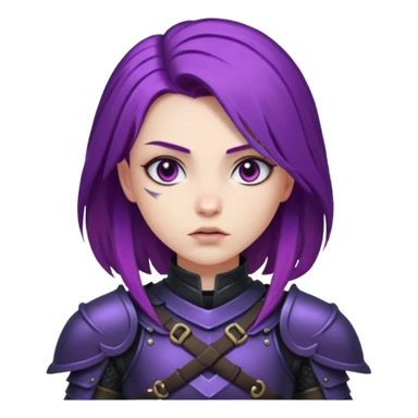 mysterious warrior girl with flowing purple hair, dressed in black armor, looking determined sticker