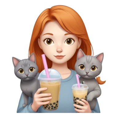 a ginger girl holding a bubble tea and a grey korat cat sticker