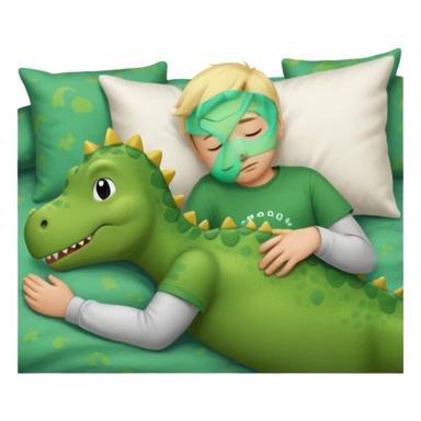 Blond boy sleeping wearing a green dinosaur t-shirt sticker