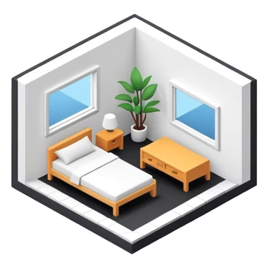 An isometric 3D room with two white walls that meet at the back left and right and a single Window. Black and White Home Office Room sticker