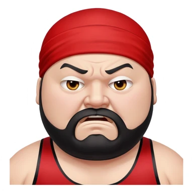 Extreme close-up of face of morbidly obese white skin guy with young face, prominent BLACK DURAG tied clearly on head, black beard but no mustache, clean shaven upper lip, black eyes in a red and black wrestling singlet with angry expression sticker