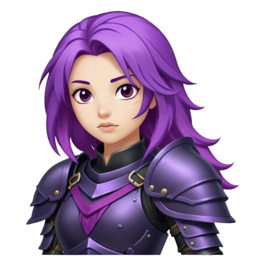 A mysterious warrior girl with flowing purple hair, dressed in black armor. sticker
