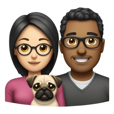 A family with a mom with brown baby hair and glasses a dad with black hair and glasses and a daughter with dirty blonde hair and a pug and a white fluffy dog sticker