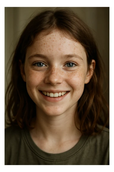 smiling girl with dusty brown hair, sharp blue eyes, pale skin with freckles sticker