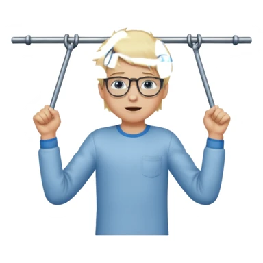 Wygeneruj mi emotke chłopaka o włosach blond z niebieskimi oczami w okularach, który podciąga się na drążku sticker