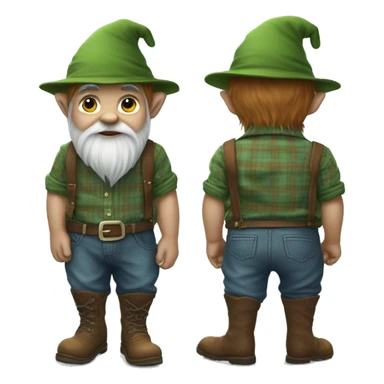 
Full-length gnome, young, with a blue woolen hat, brown boots and a green plaid shirt. The body should be cartoonish and not realistic. sticker
