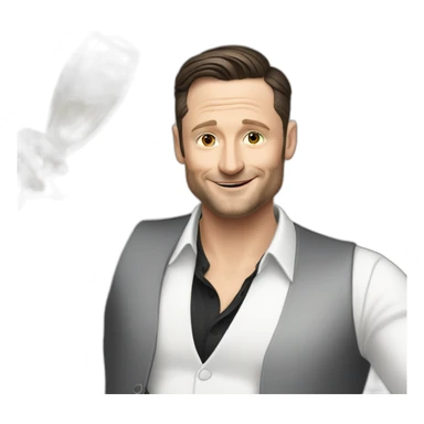 tim robinson dark black slicked back hair white shirt with a light grey vest spraying champagne sticker