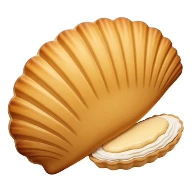 A madeleine pastry. Scalloped seashell shape with ONLY four to five vertical lines going in the same direction. Light golden brown. Scalloped edge. Cookie. Flat. Long. Oval shape. Lets scallops. sticker
