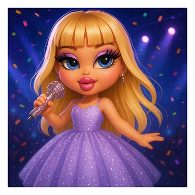 Pretty and girly Blonde pop star with bangs wearing a sparkly tulle light purple ballgown, holding a bedazzled microphone, reimagined as a cute Bratz doll, with a nighttime concert backdrop with colorful confetti sticker