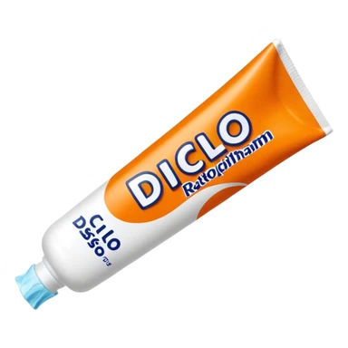 an empty, oversized and totally squeezed out tube of toothpaste labelled "Diclo ratiopharm". It is squeezed out and totally crumpled, flattened. Basic color is orange yellowish. sticker