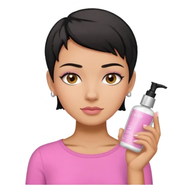 tan girl pink shirt with black hair & a pixie, cut no earrings, doing skin care sticker