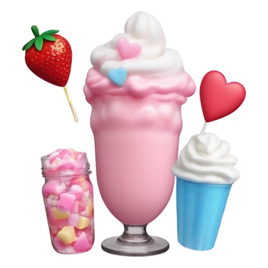 a strawberry milkshake topped with whipped cream, a candy marshmallow, a gummy candy heart, and cotton candy sticker