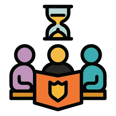 minimalist icon of players and a game master collaborating around a table or DM screen, with a clock or hourglass representing a multi-day marathon, worn and distressed look sticker