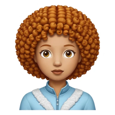 Create an iOS-style emoji of Ice Spice. Neutral facial expression, front-facing head only. Curly ginger short afro hairstyle. Clean Apple emoji style, smooth shading, simple shapes, plain background. sticker
