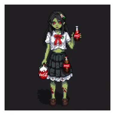 Generate an Asian girl, dark-haired, she's a zombie, wearing a skirt with lace, slightly torn,
Holding a bottle of Coca-Cola in her hands.
Background: a dark street in the style of Gotham City  sticker