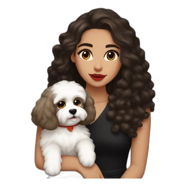 young moroccan woman with brown eyes, dark long curling hair, red lips, a black dress and a white cotton of tulear dog on her lap sticker