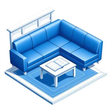 blue blueprint plan with white lines, isometric angle, shaded furniture or objects sticker