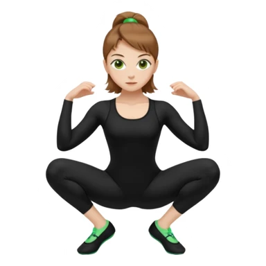 Beautiful woman with light brown shoulder length hair popping a squat without any weights. Make her with a little lighter, brown hair and green eyes. Make her fair skinned and wearing a black workout suit. make her wearing black ballet flats. sticker