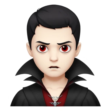 Vampire boy with the short black hair, pale scin, black eyes, little fangs and dark circles under his eyes. He has serious face sticker