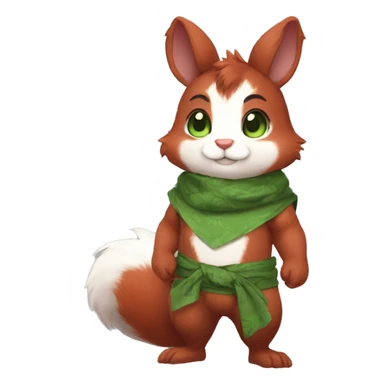 Cute, Chibi, chubby, fluffy, Kemono-style, Anthro, Fur-Sona, Dark-Red, Squirrel-Rabbit-hybrid-Fakémon, with a green bandana, full body sticker