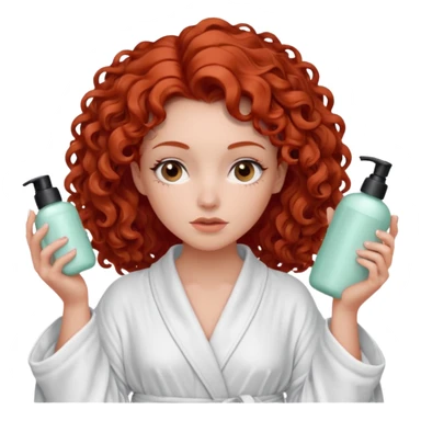 Cartoon emoji of a girl with voluminous curly red hair, fair skin, warm brown eyes. Wearing a chic milky silk robe with long sleeves, no makeup. Portrait mode, holding 3 moisterizers or different skin care products, looking super doubtful twisted and unsure. Smooth, simple, stylized." sticker
