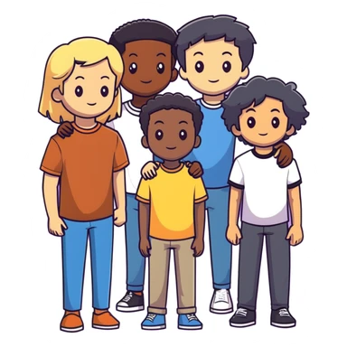 Group of diverse friends standing together, including a dark-skinned boy with straight hair, a light-skinned boy with straight blonde hair, a light-skinned girl with straight black hair, a mixed-race girl with straight brown hair, a light-skinned boy with wavy black hair, a mixed-race girl with dark curly hair, and in the center a light-skinned girl with wavy brown hair sticker