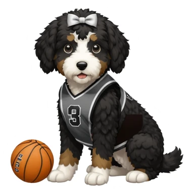 A black Bernedoodle with a white chest with a Providence college basketball jersey on  sticker