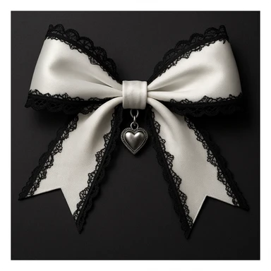 Edit the image to depict a white gothic bow with black lace trim and a heart charm in a general style. sticker