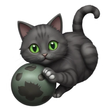 solid dark grey cat with green eyes, completely solid grey face, white toes/paws playing rolling upside down sticker