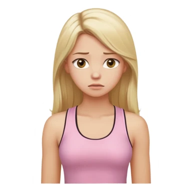 Create a young woman with long blonde hair, golden eyes, and medium-light skin tone, wearing a light pink tank top and leggings. She should be in portrait mode, but with a subtle doubting facial expression—slightly raised eyebrow, small frown, .  and her hand next to her chin like this emoji 🤔 sticker
