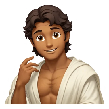 Cinematic Realistic Hercules Portrait, head tilted playfully and inquisitively, showcasing a charming blend of Disney heroic charisma and the refined grace of Michelangelo's David. His sun-kissed bronze skin and thick, wavy dark hair are rendered with classical precision, complementing a warm, inviting smile and sparkling, mischievous eyes. Clad in a softly draped white robe with subtle golden details, he exudes approachable strength under gentle, natural lighting. sticker