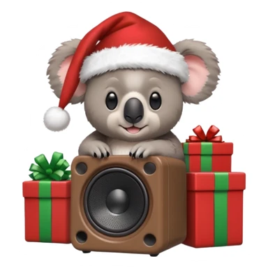 Koala sitting on toniebox speaker with a santa hat and presents around him, make the backroun festive sticker