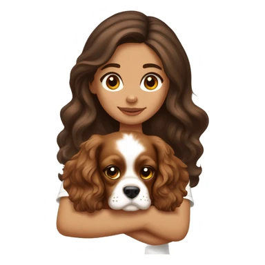 Tanned brunette long wavy hair girl holding a cute cavalier spaniel puppy with short ears wavy fur sticker
