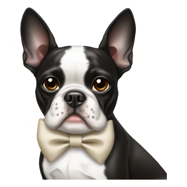 Boston terrier wearing a white bow sticker