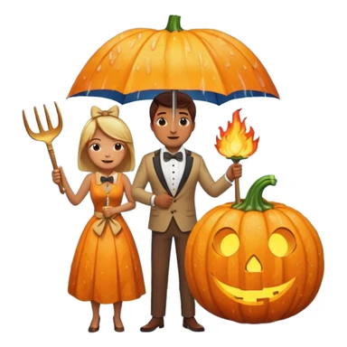 Make a guy hugging a giant pumpkin with a fork in his right hand while there's fire while there's a lady watching while it's raining while there's an umbrella on the ground that's alive and the sun has a bow tie on his neck sticker