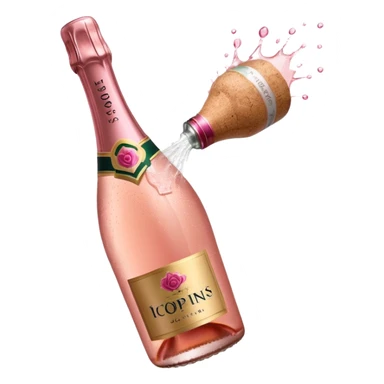 bottle of sparkling rosé champagne with a rose logo on the label, with the cork popping out, tilted up and to the left, no glass sticker