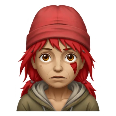 very dirty looking homeless woman with ripped red hat with ugly hair sticker