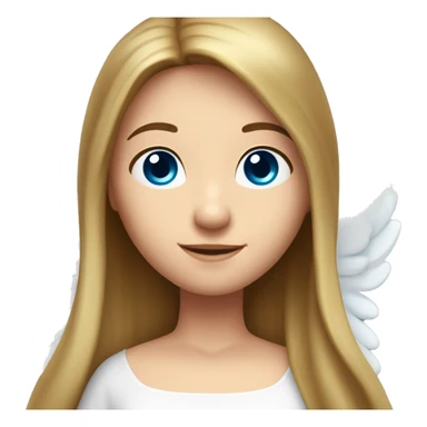 Caucasian brunette angel with long straight hair, dimples, big blue eyes, golden hoop halo over head and wings on back sticker
