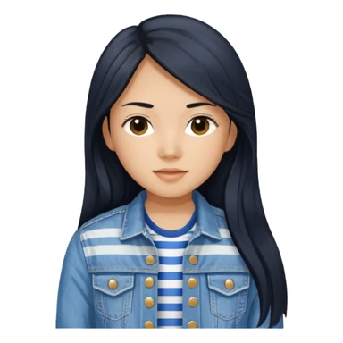 Teresa Li in black long hair, wearing blue and white striped shirt and denim jacket  sticker