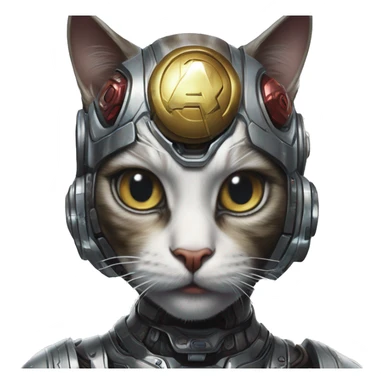Cyborg cat in Marvel Avengers style, oil paint, mysterious eyes, intricate lips, masterpiece portrait , odd perspective, beautiful, desirable, logical sticker