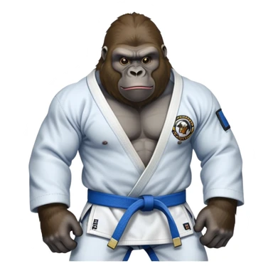 Gorilla in a jiu jitsu gi with a blue belt sticker