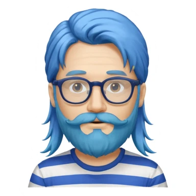 man with long blue hair, glasses, and a long beard and wearing a striped t-shirt sticker