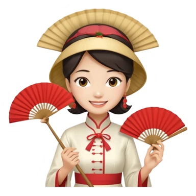 a vietnamese woman wearing a white ao dai holding a folding fan elegantly, wearing a nón lá sticker